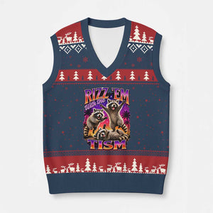 Rizz Em With The Tism Funny Raccoon V-Neck Knit Sweater Vest Trash Panda Vintage Bootleg Graphic