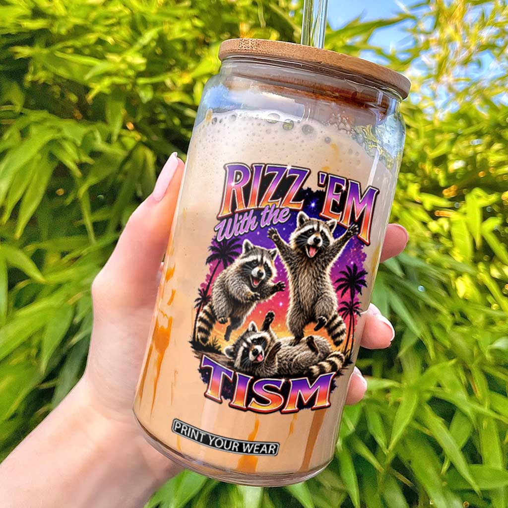 Rizz Em With The Tism Funny Raccoon Glass Can Trash Panda Vintage Bootleg Graphic TS02 Black Print Your Wear
