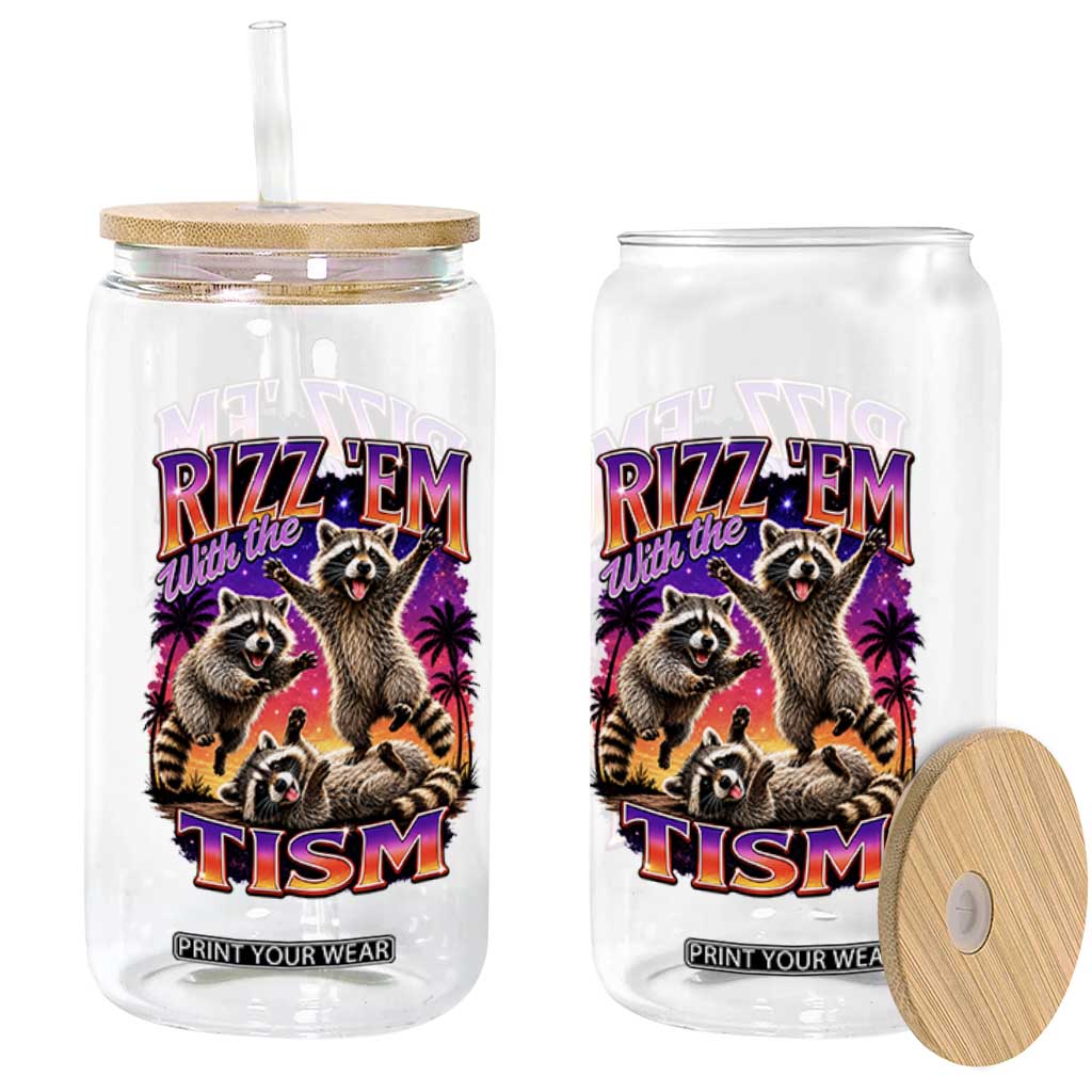 Rizz Em With The Tism Funny Raccoon Glass Can Trash Panda Vintage Bootleg Graphic