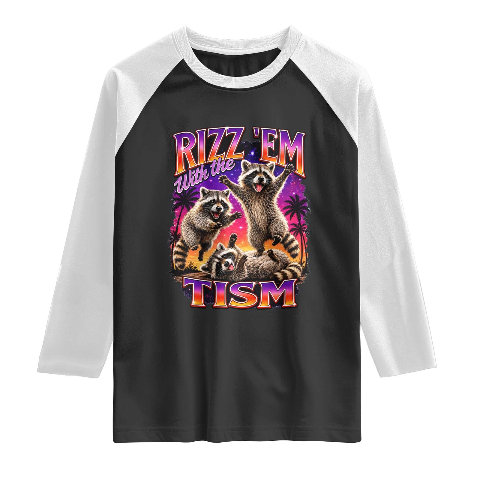 Rizz Em With The Tism Funny Raccoon Raglan Shirt Trash Panda Vintage Bootleg Graphic TS02 Black White Print Your Wear
