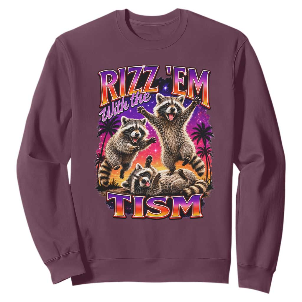 Rizz Em With The Tism Funny Raccoon Sweatshirt Trash Panda Vintage Bootleg Graphic
