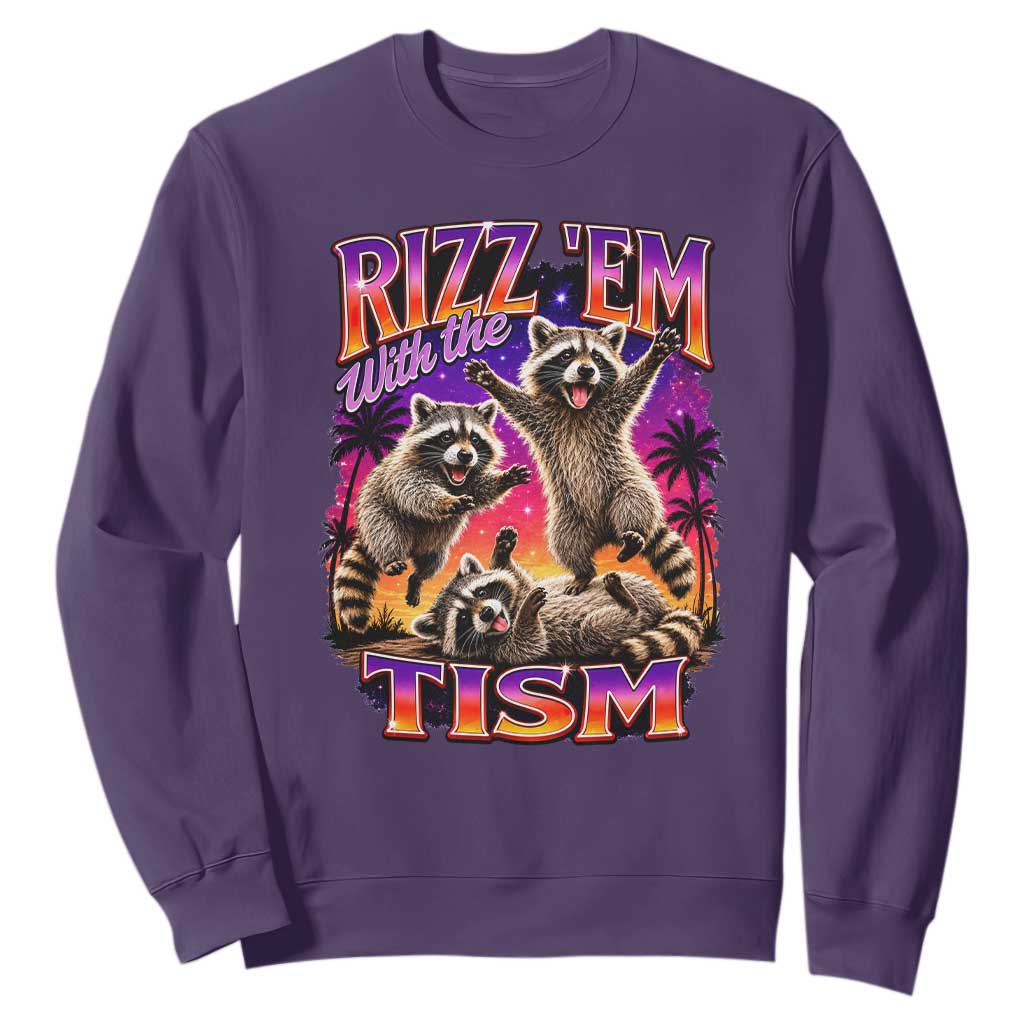 Rizz Em With The Tism Funny Raccoon Sweatshirt Trash Panda Vintage Bootleg Graphic