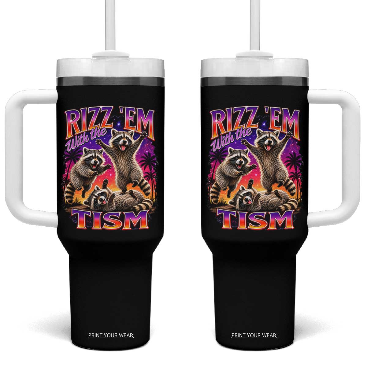 Rizz Em With The Tism Funny Raccoon Tumbler With Handle Trash Panda Vintage Bootleg Graphic