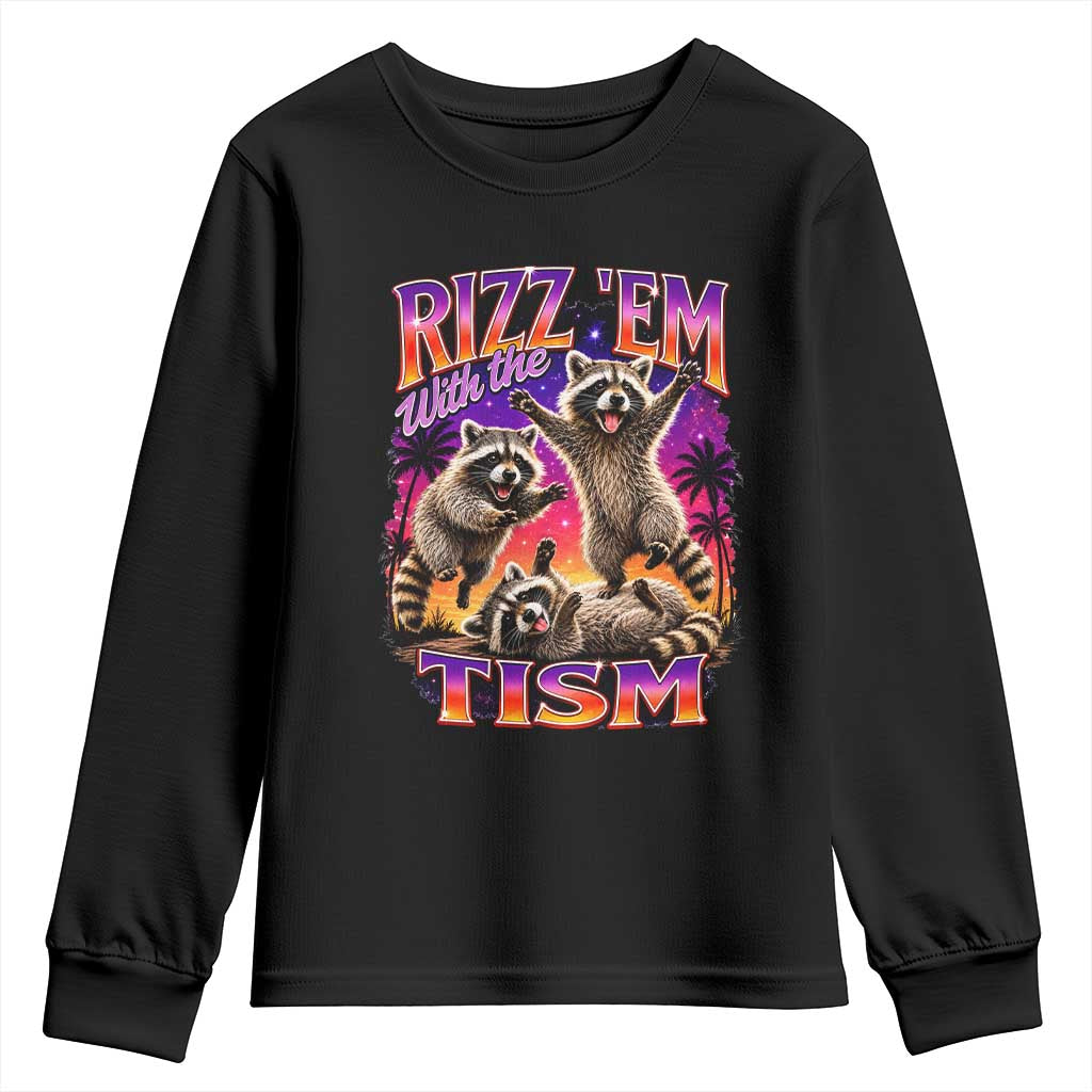 Rizz Em With The Tism Funny Raccoon Youth Sweatshirt Trash Panda Vintage Bootleg Graphic TS02 Black Print Your Wear