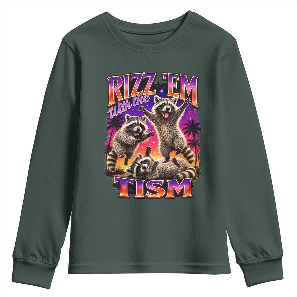 Rizz Em With The Tism Funny Raccoon Youth Sweatshirt Trash Panda Vintage Bootleg Graphic
