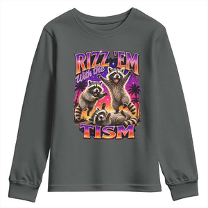 Rizz Em With The Tism Funny Raccoon Youth Sweatshirt Trash Panda Vintage Bootleg Graphic