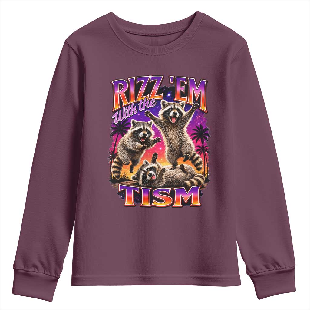 Rizz Em With The Tism Funny Raccoon Youth Sweatshirt Trash Panda Vintage Bootleg Graphic