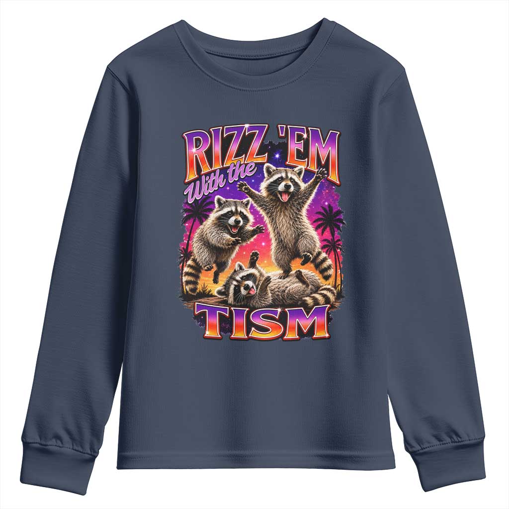 Rizz Em With The Tism Funny Raccoon Youth Sweatshirt Trash Panda Vintage Bootleg Graphic