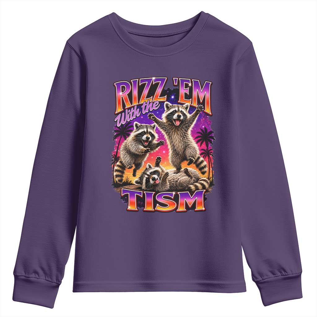 Rizz Em With The Tism Funny Raccoon Youth Sweatshirt Trash Panda Vintage Bootleg Graphic