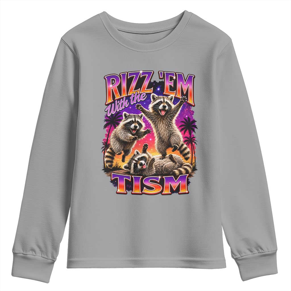Rizz Em With The Tism Funny Raccoon Youth Sweatshirt Trash Panda Vintage Bootleg Graphic