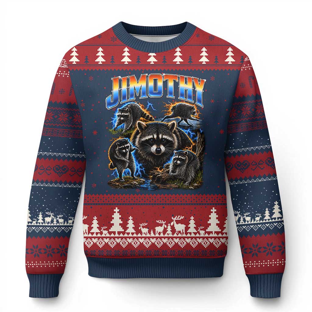 Jimothy the Raccoon Vintage 90s Bootleg Lightning Graphic Ugly Christmas Sweater Viral Seattle Trash Panda TS02 Navy Red Print Your Wear