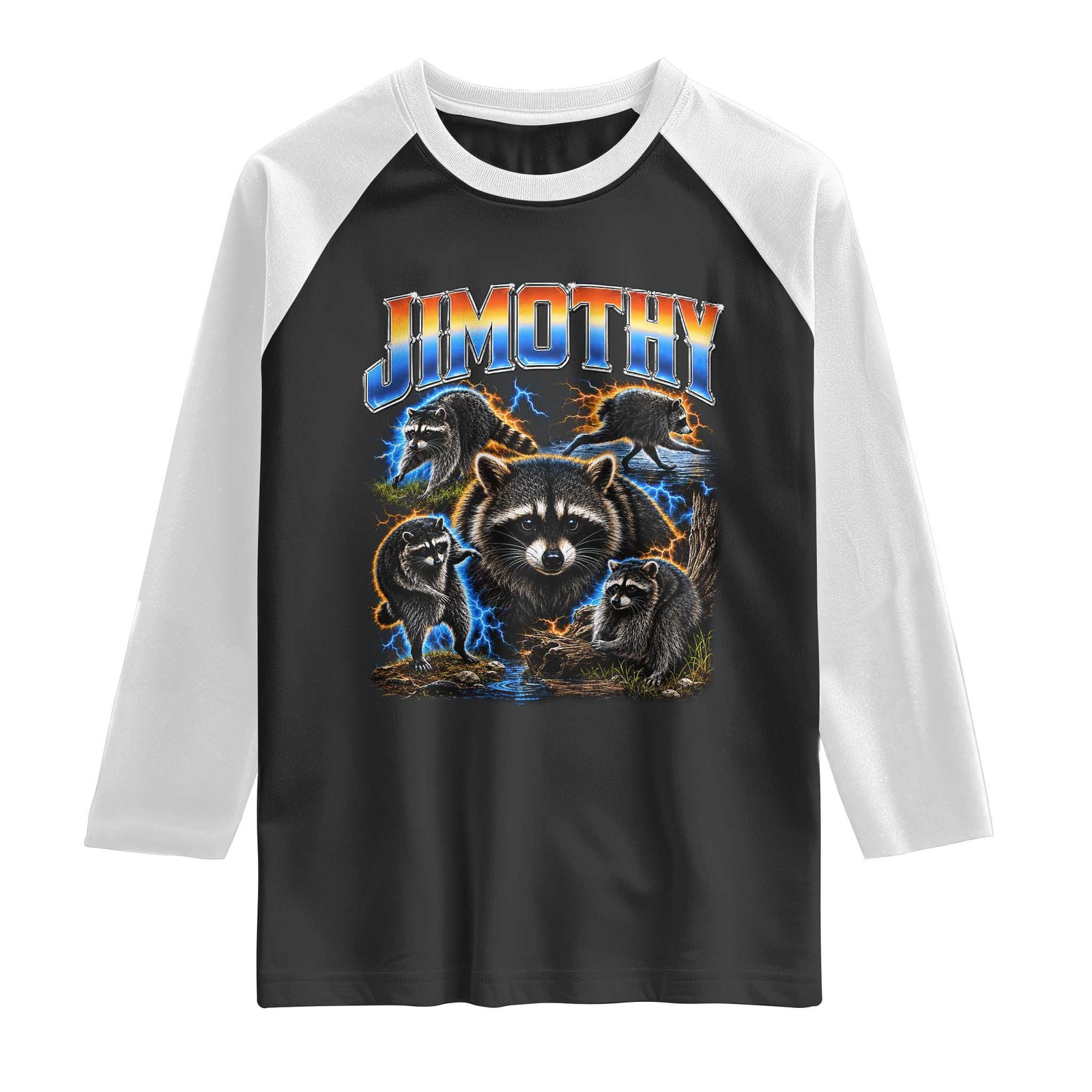 Jimothy the Raccoon Vintage 90s Bootleg Lightning Graphic Raglan Shirt Viral Seattle Trash Panda TS02 Black White Print Your Wear