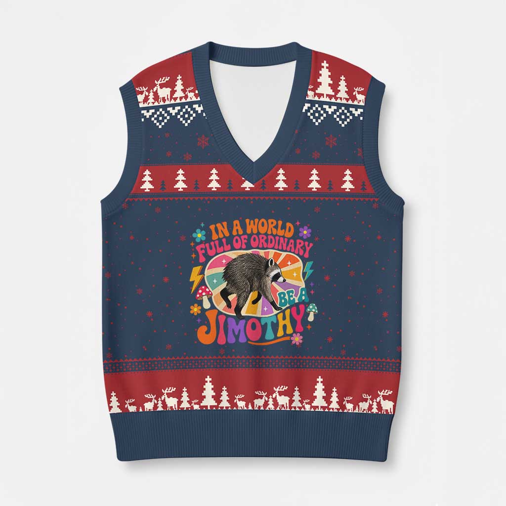 In A World Full Of Ordinary Be A Jimothy Psychedelic Style V-Neck Knit Sweater Vest Retro Groovy Seattle Raccoon Legend Graphic TS02 Navy Red Print Your Wear
