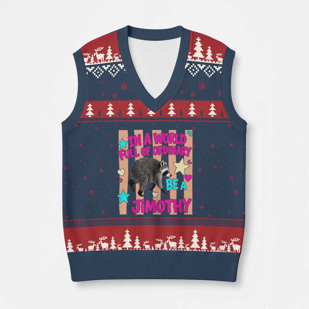 In A World Full Of Ordinary Be A Jimothy Preppy Style V-Neck Knit Sweater Vest Cute Y2K Pop Seattle Raccoon Legend Graphic TS02 Navy Red Print Your Wear