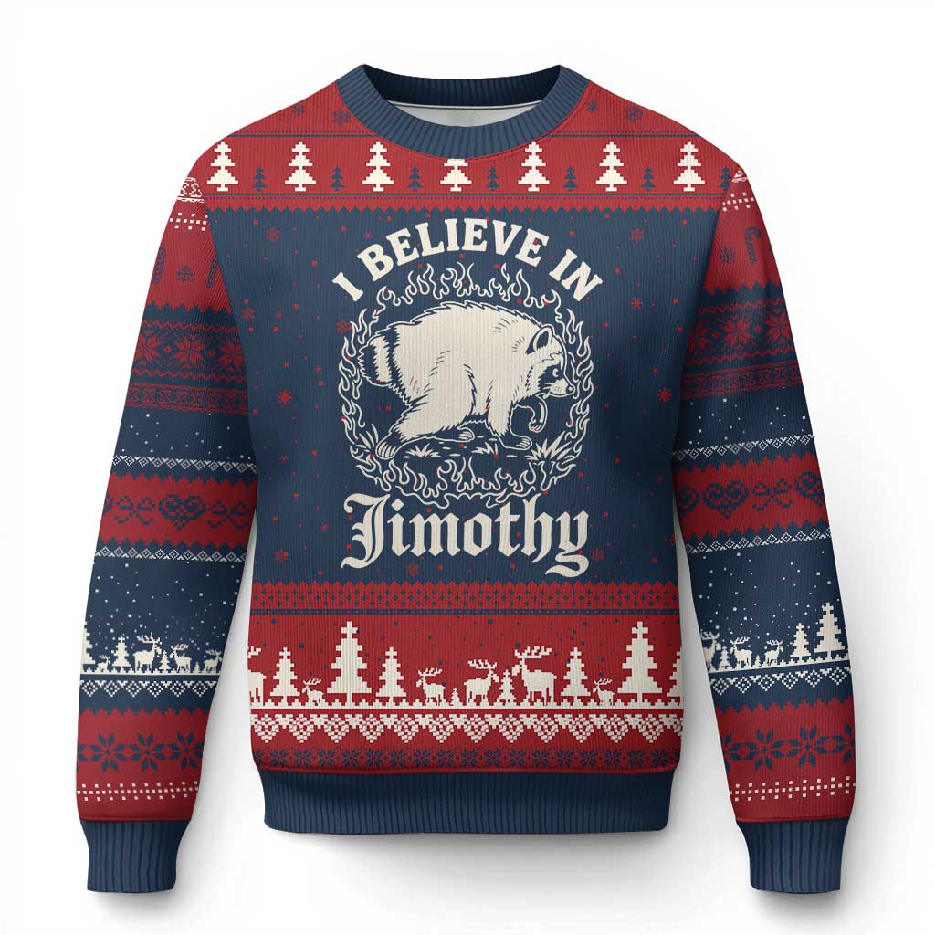 I Believe In Jimothy the Seattle Raccoon Ugly Christmas Sweater Flaming Circle Vintage Feral Legend Trash Panda Supporter TS02 Navy Red Print Your Wear