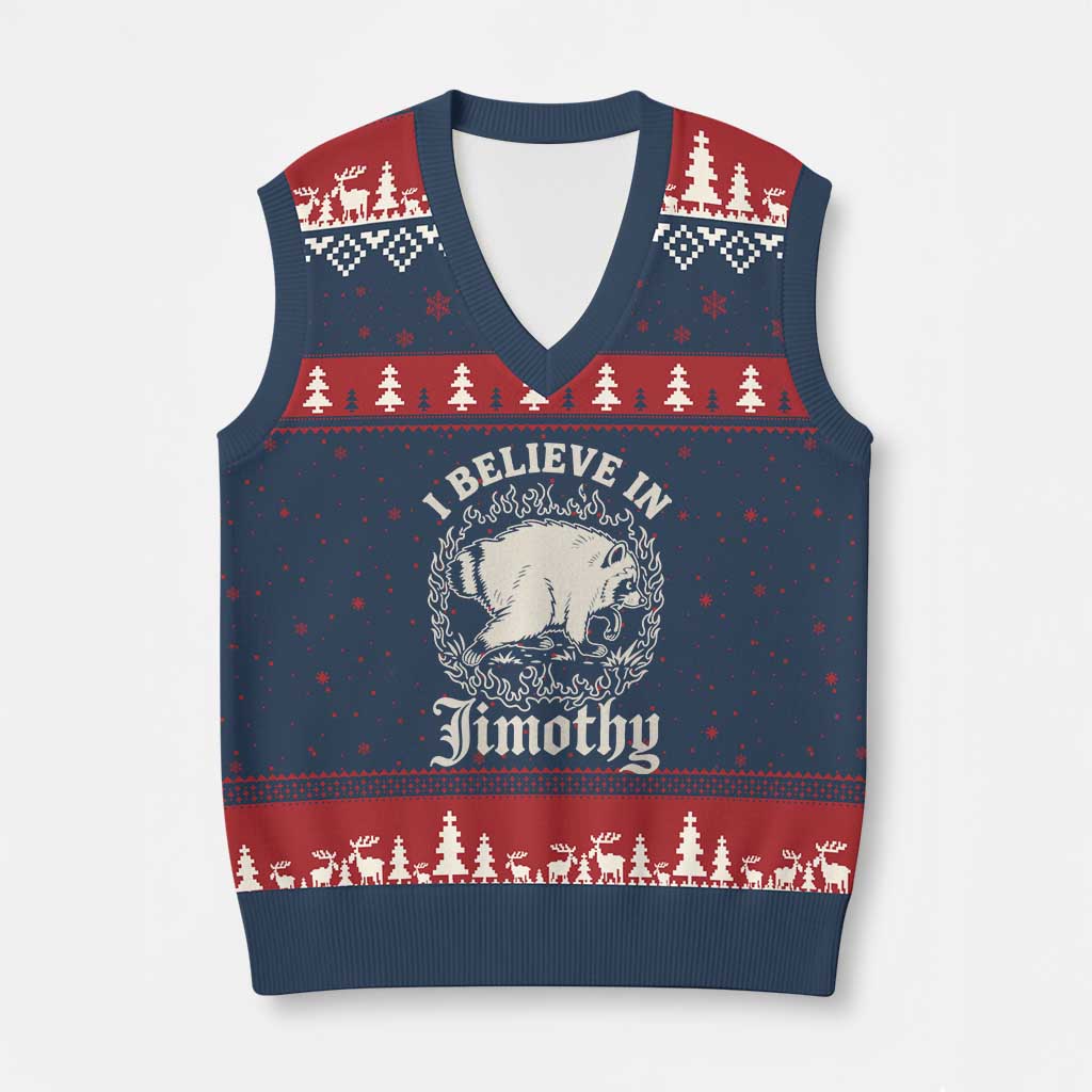 I Believe In Jimothy the Seattle Raccoon V-Neck Knit Sweater Vest Flaming Circle Vintage Feral Legend Trash Panda Supporter TS02 Navy Red Print Your Wear