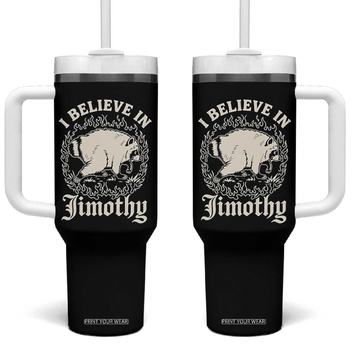 I Believe In Jimothy the Seattle Raccoon Tumbler With Handle Flaming Circle Vintage Feral Legend Trash Panda Supporter