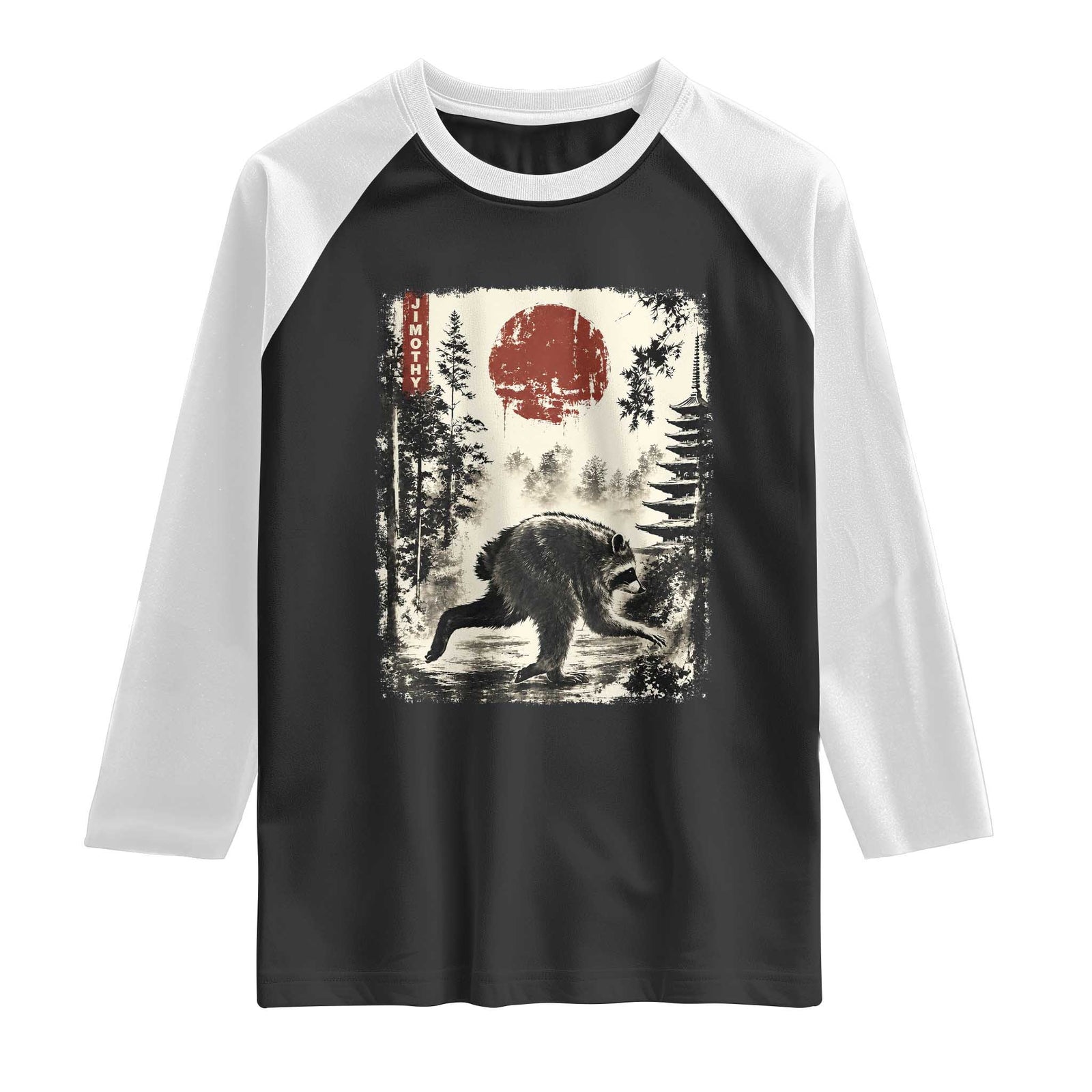 Jimothy the Raccoon Japanese Ukiyo-e Style Vintage Graphic Raglan Shirt Viral Seattle Trash Panda Feral Legend Supporter TS02 Black White Print Your Wear