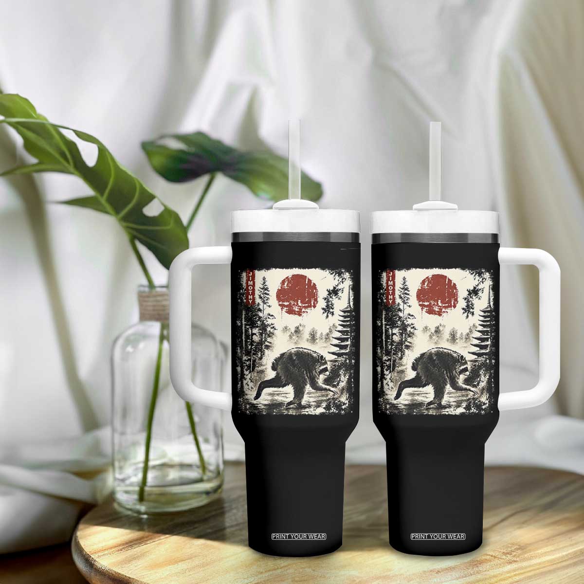 Jimothy the Raccoon Japanese Ukiyo-e Style Vintage Graphic Tumbler With Handle Viral Seattle Trash Panda Feral Legend Supporter