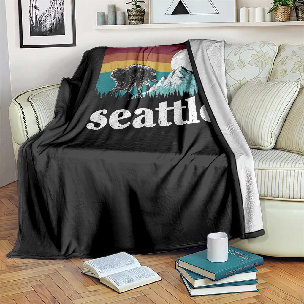 Seattle WA Mountains Jimothy the Raccoon Graphic Throw Blanket Retro Vintage Sunset Viral Trash Panda Feral Legend