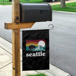 Seattle WA Mountains Jimothy the Raccoon Graphic Garden Flag Retro Vintage Sunset Viral Trash Panda Feral Legend