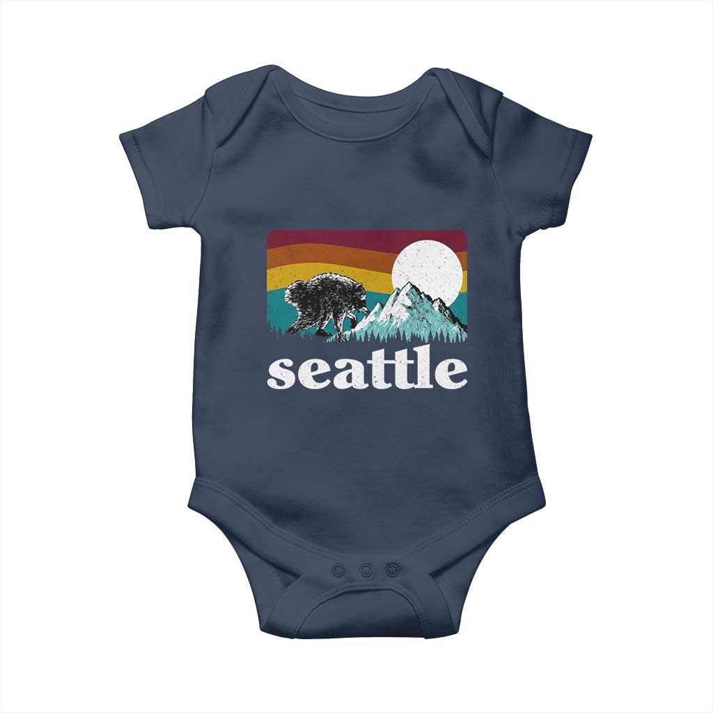 Seattle WA Mountains Jimothy the Raccoon Graphic Baby Onesie Retro Vintage Sunset Viral Trash Panda Feral Legend