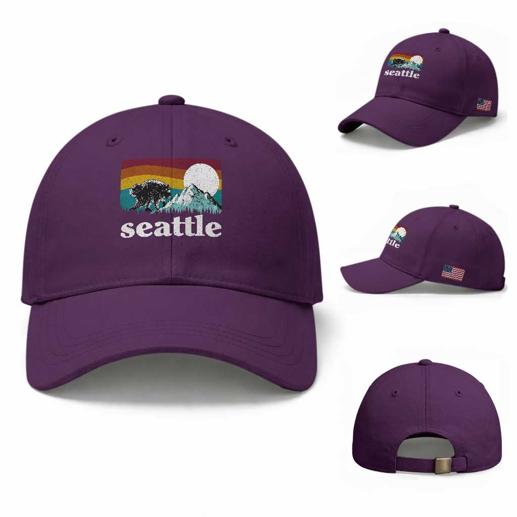 Seattle WA Mountains Jimothy the Raccoon Graphic Baseball Cap Retro Vintage Sunset Viral Trash Panda Feral Legend