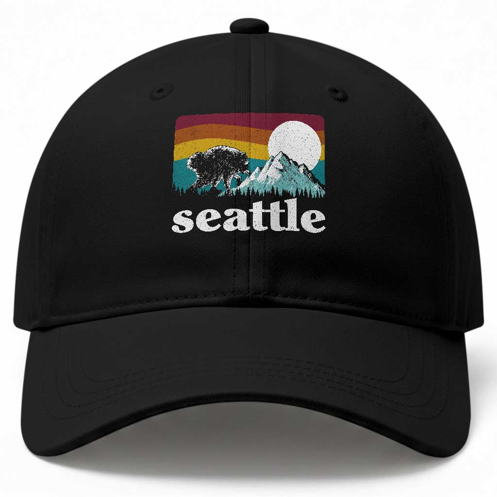 Seattle WA Mountains Jimothy the Raccoon Graphic Baseball Cap Retro Vintage Sunset Viral Trash Panda Feral Legend TS02 Print Your Wear