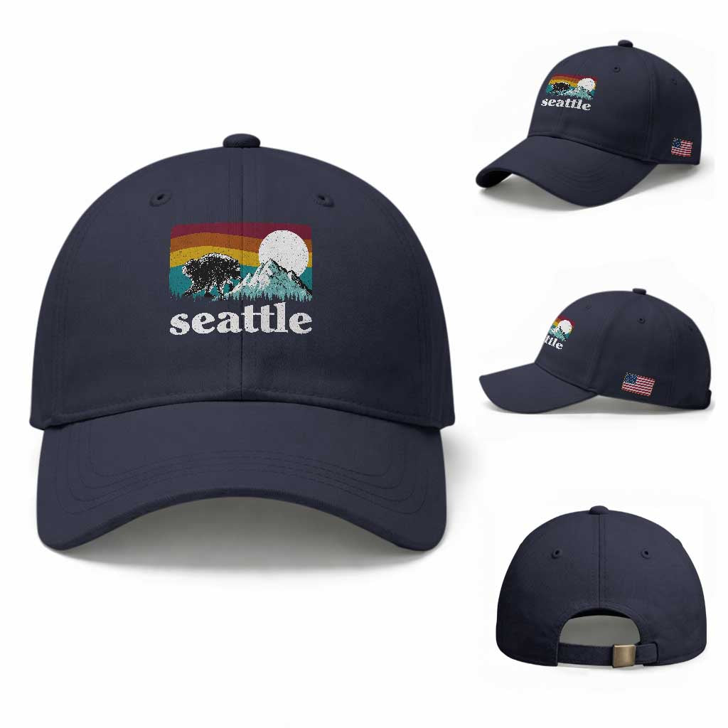 Seattle WA Mountains Jimothy the Raccoon Graphic Baseball Cap Retro Vintage Sunset Viral Trash Panda Feral Legend
