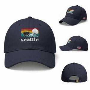 Seattle WA Mountains Jimothy the Raccoon Graphic Baseball Cap Retro Vintage Sunset Viral Trash Panda Feral Legend