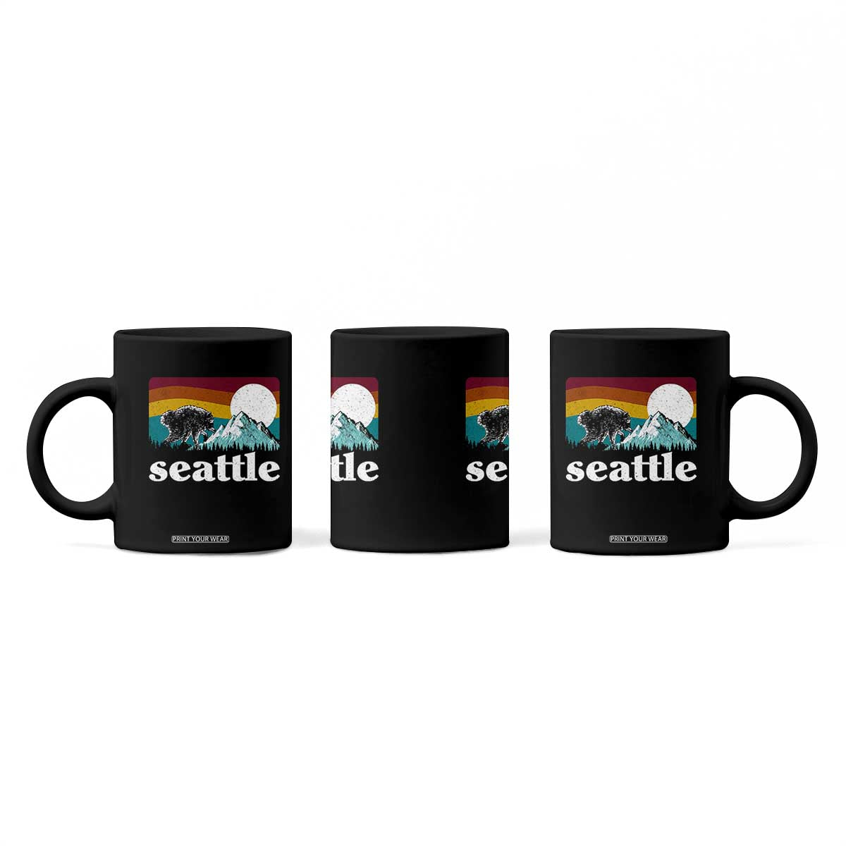 Seattle WA Mountains Jimothy the Raccoon Graphic Coffee Mug Retro Vintage Sunset Viral Trash Panda Feral Legend
