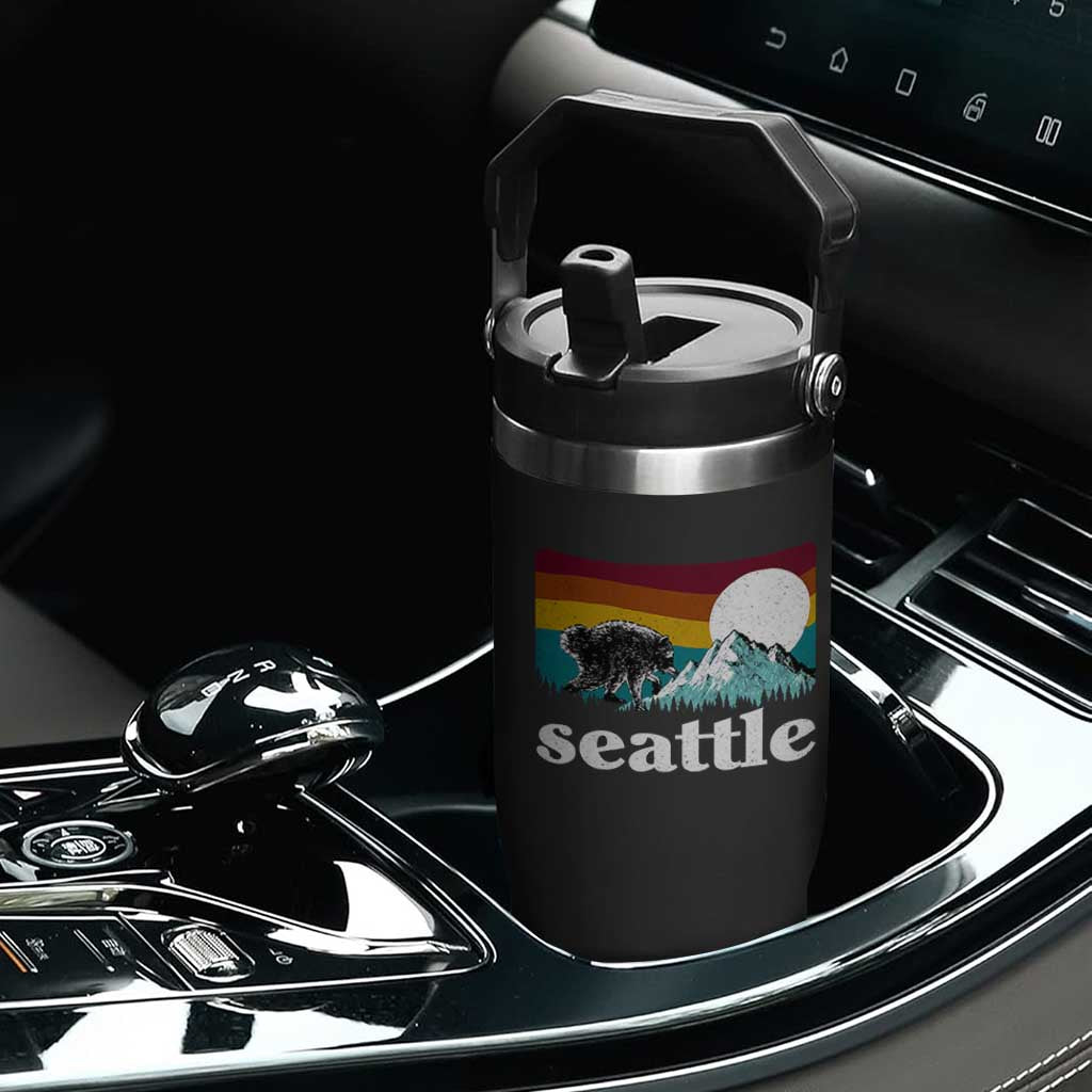 Seattle WA Mountains Jimothy the Raccoon Graphic Flip Straw Tumbler Retro Vintage Sunset Viral Trash Panda Feral Legend