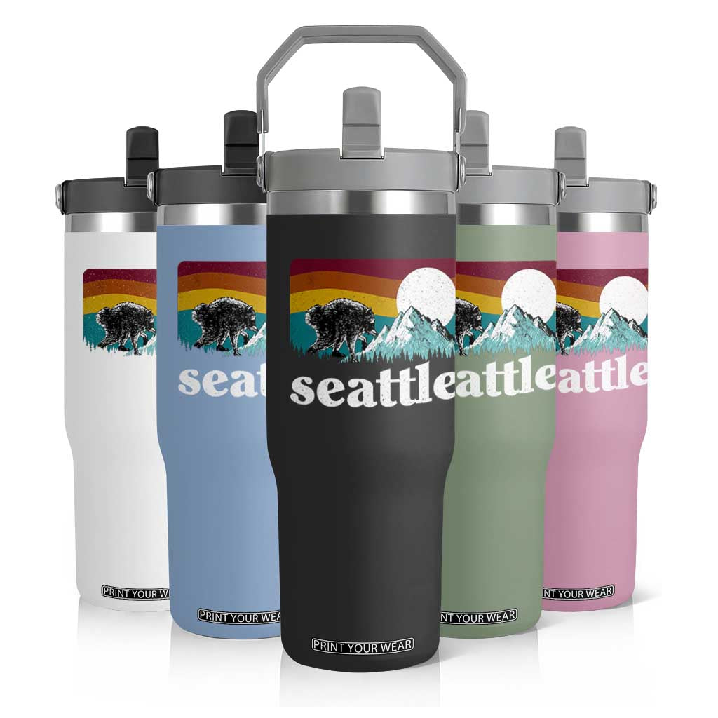Seattle WA Mountains Jimothy the Raccoon Graphic Flip Straw Tumbler Retro Vintage Sunset Viral Trash Panda Feral Legend