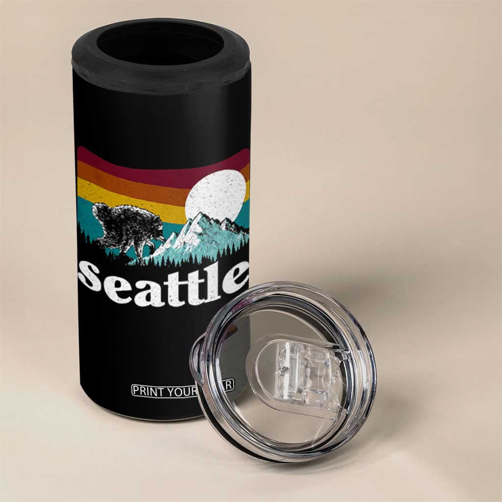 Seattle WA Mountains Jimothy the Raccoon Graphic 4 in 1 Can Cooler Tumbler Retro Vintage Sunset Viral Trash Panda Feral Legend