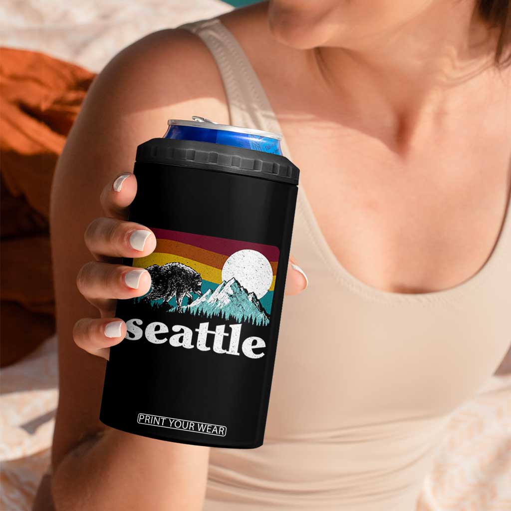 Seattle WA Mountains Jimothy the Raccoon Graphic 4 in 1 Can Cooler Tumbler Retro Vintage Sunset Viral Trash Panda Feral Legend