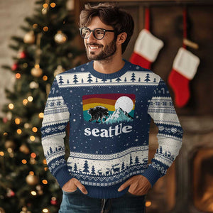 Seattle WA Mountains Jimothy the Raccoon Graphic Ugly Christmas Sweater Retro Vintage Sunset Viral Trash Panda Feral Legend
