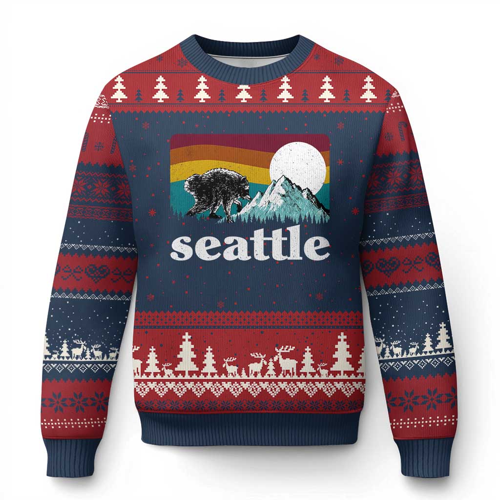 Seattle WA Mountains Jimothy the Raccoon Graphic Ugly Christmas Sweater Retro Vintage Sunset Viral Trash Panda Feral Legend TS02 Navy Red Print Your Wear