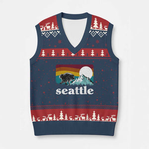 Seattle WA Mountains Jimothy the Raccoon Graphic V-Neck Knit Sweater Vest Retro Vintage Sunset Viral Trash Panda Feral Legend