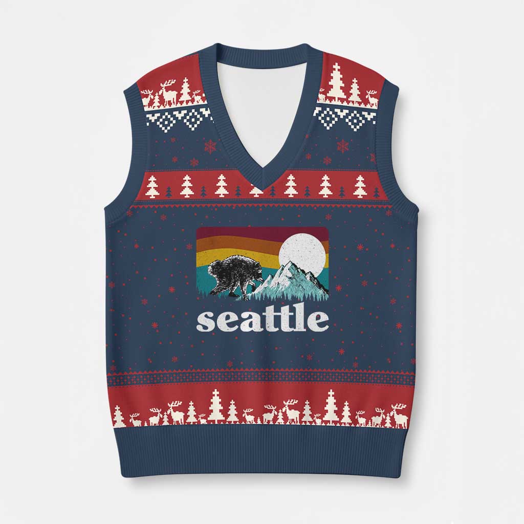 Seattle WA Mountains Jimothy the Raccoon Graphic V-Neck Knit Sweater Vest Retro Vintage Sunset Viral Trash Panda Feral Legend TS02 Navy Red Print Your Wear