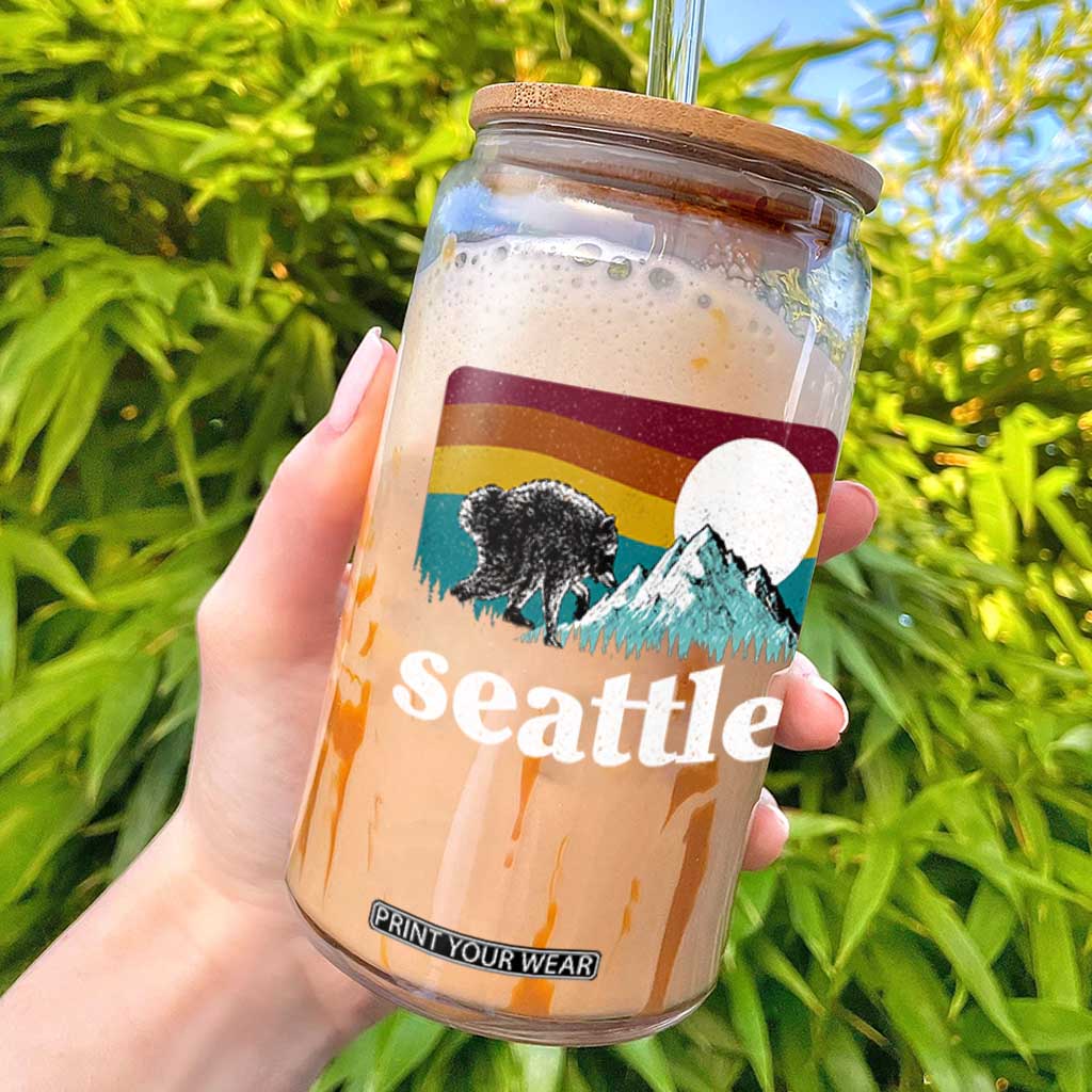 Seattle WA Mountains Jimothy the Raccoon Graphic Glass Can Retro Vintage Sunset Viral Trash Panda Feral Legend TS02 Black Print Your Wear