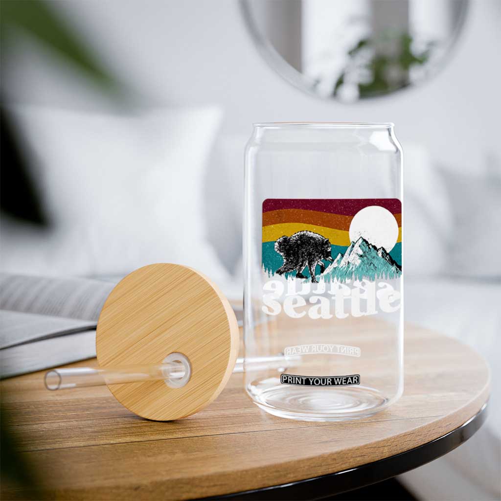 Seattle WA Mountains Jimothy the Raccoon Graphic Glass Can Retro Vintage Sunset Viral Trash Panda Feral Legend