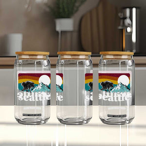 Seattle WA Mountains Jimothy the Raccoon Graphic Glass Can Retro Vintage Sunset Viral Trash Panda Feral Legend