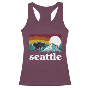 Seattle WA Mountains Jimothy the Raccoon Graphic Racerback Tank Top Retro Vintage Sunset Viral Trash Panda Feral Legend