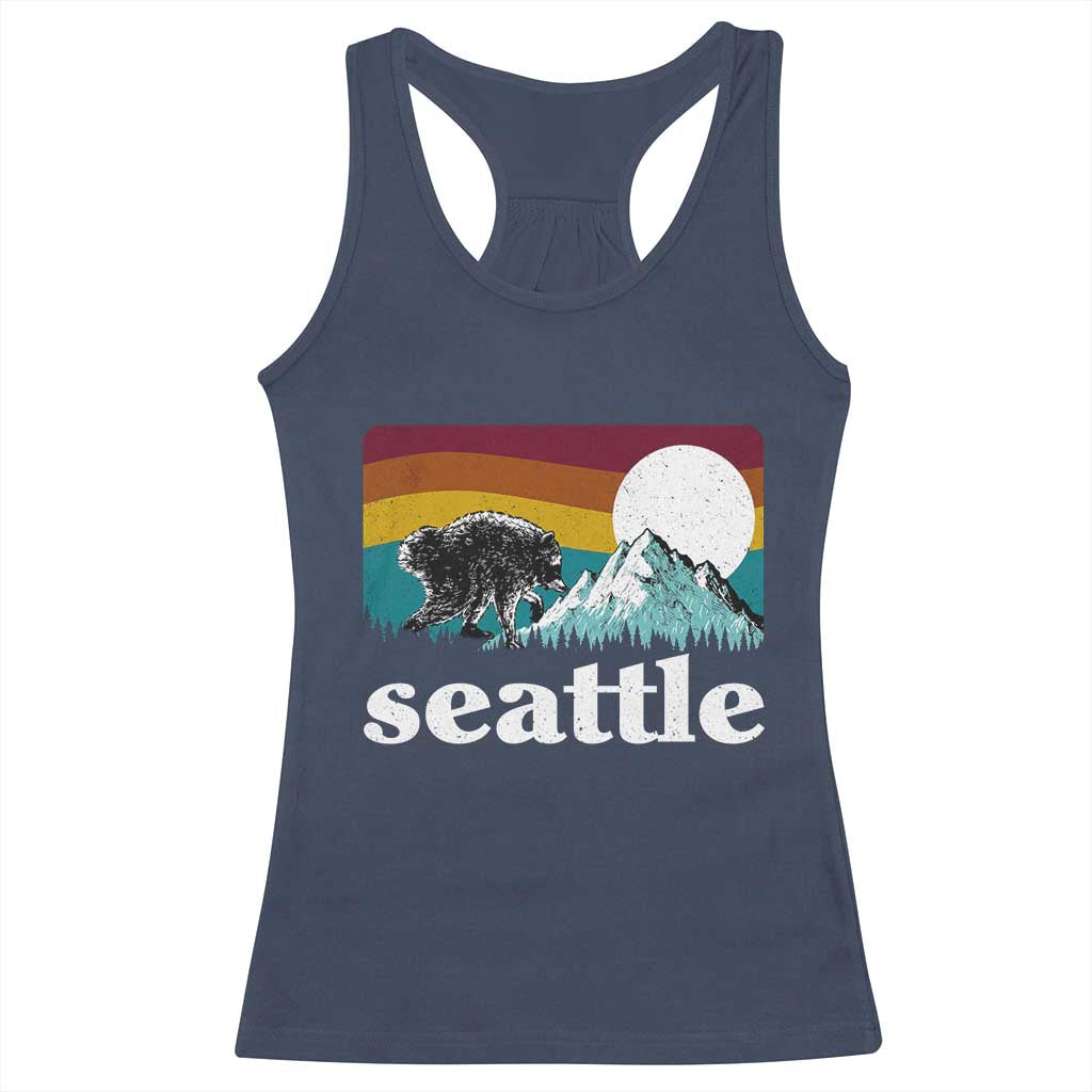 Seattle WA Mountains Jimothy the Raccoon Graphic Racerback Tank Top Retro Vintage Sunset Viral Trash Panda Feral Legend