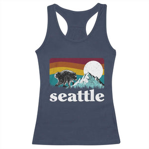 Seattle WA Mountains Jimothy the Raccoon Graphic Racerback Tank Top Retro Vintage Sunset Viral Trash Panda Feral Legend