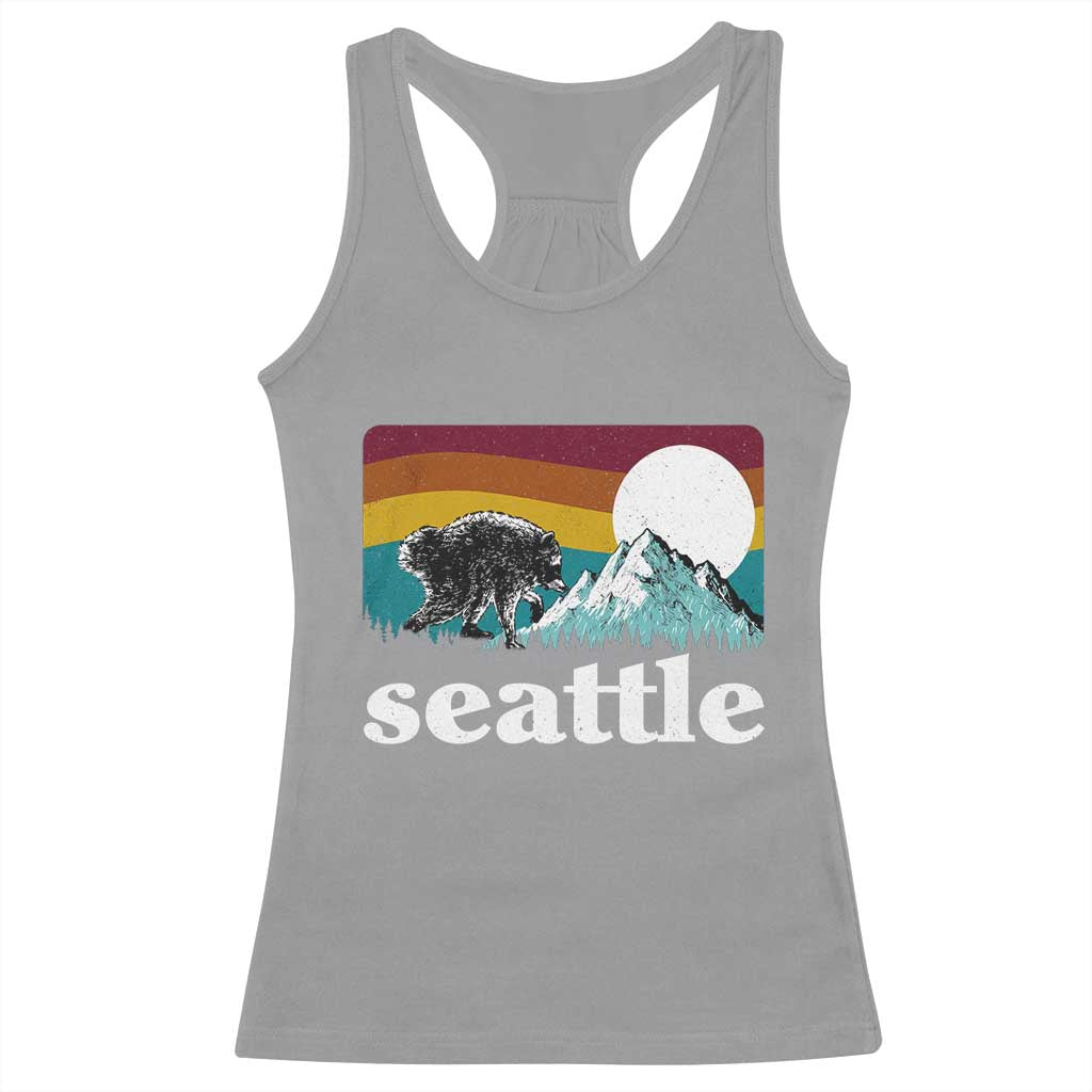 Seattle WA Mountains Jimothy the Raccoon Graphic Racerback Tank Top Retro Vintage Sunset Viral Trash Panda Feral Legend