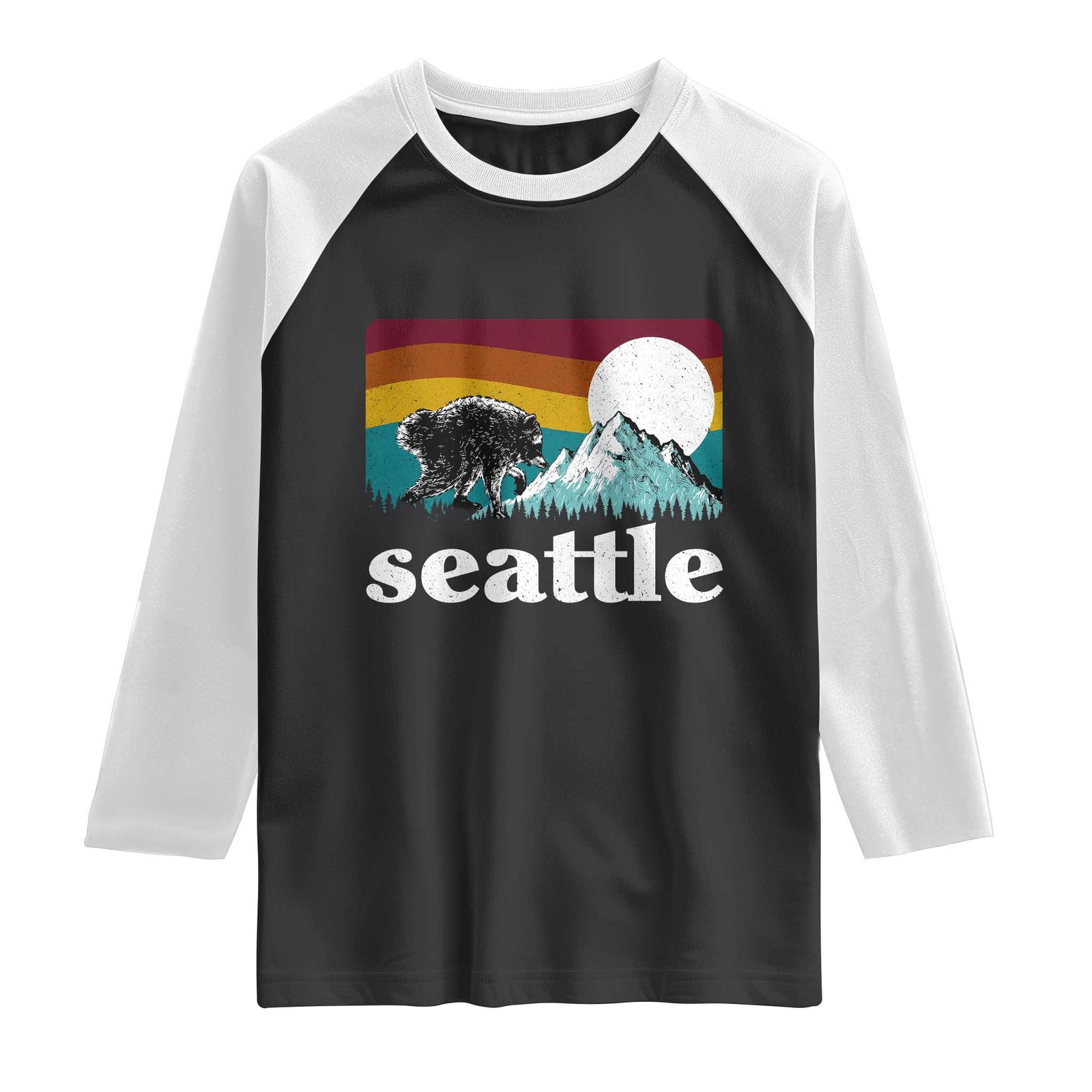 Seattle WA Mountains Jimothy the Raccoon Graphic Raglan Shirt Retro Vintage Sunset Viral Trash Panda Feral Legend TS02 Black White Print Your Wear