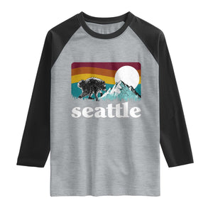 Seattle WA Mountains Jimothy the Raccoon Graphic Raglan Shirt Retro Vintage Sunset Viral Trash Panda Feral Legend