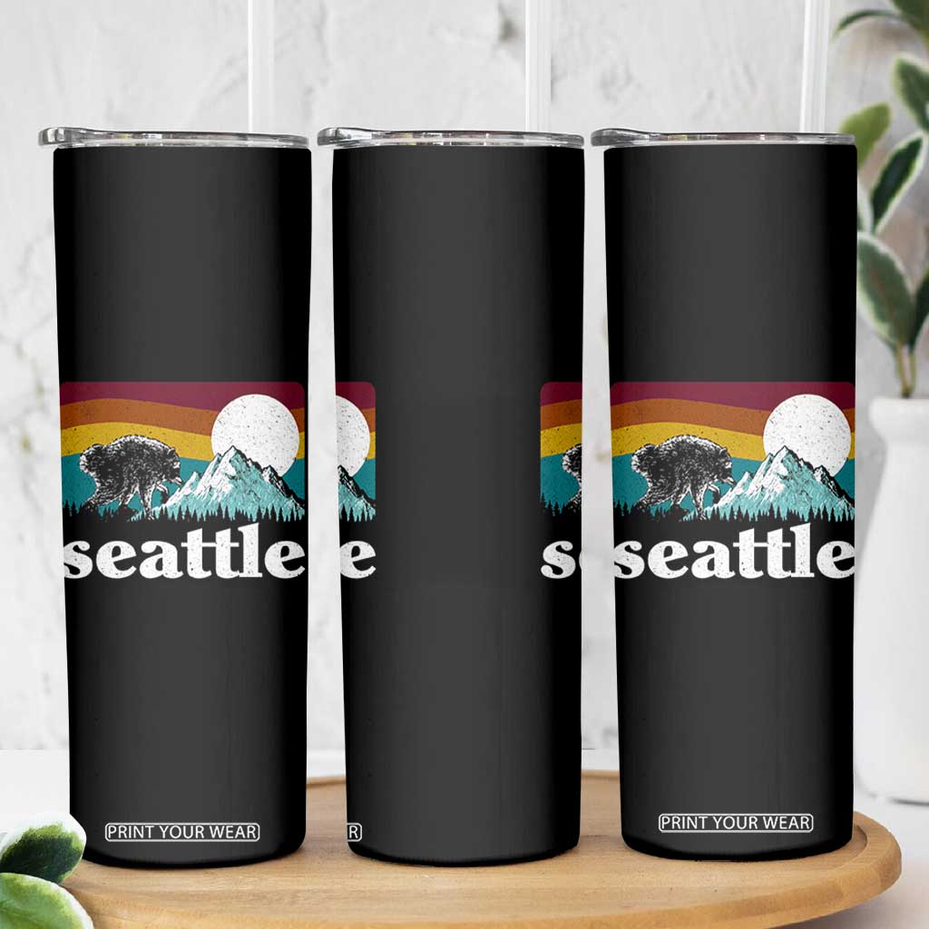 Seattle WA Mountains Jimothy the Raccoon Graphic Skinny Tumbler Retro Vintage Sunset Viral Trash Panda Feral Legend