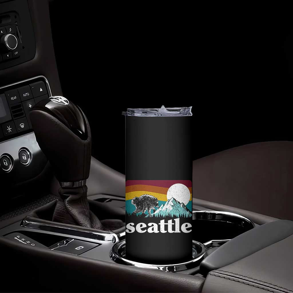 Seattle WA Mountains Jimothy the Raccoon Graphic Skinny Tumbler Retro Vintage Sunset Viral Trash Panda Feral Legend